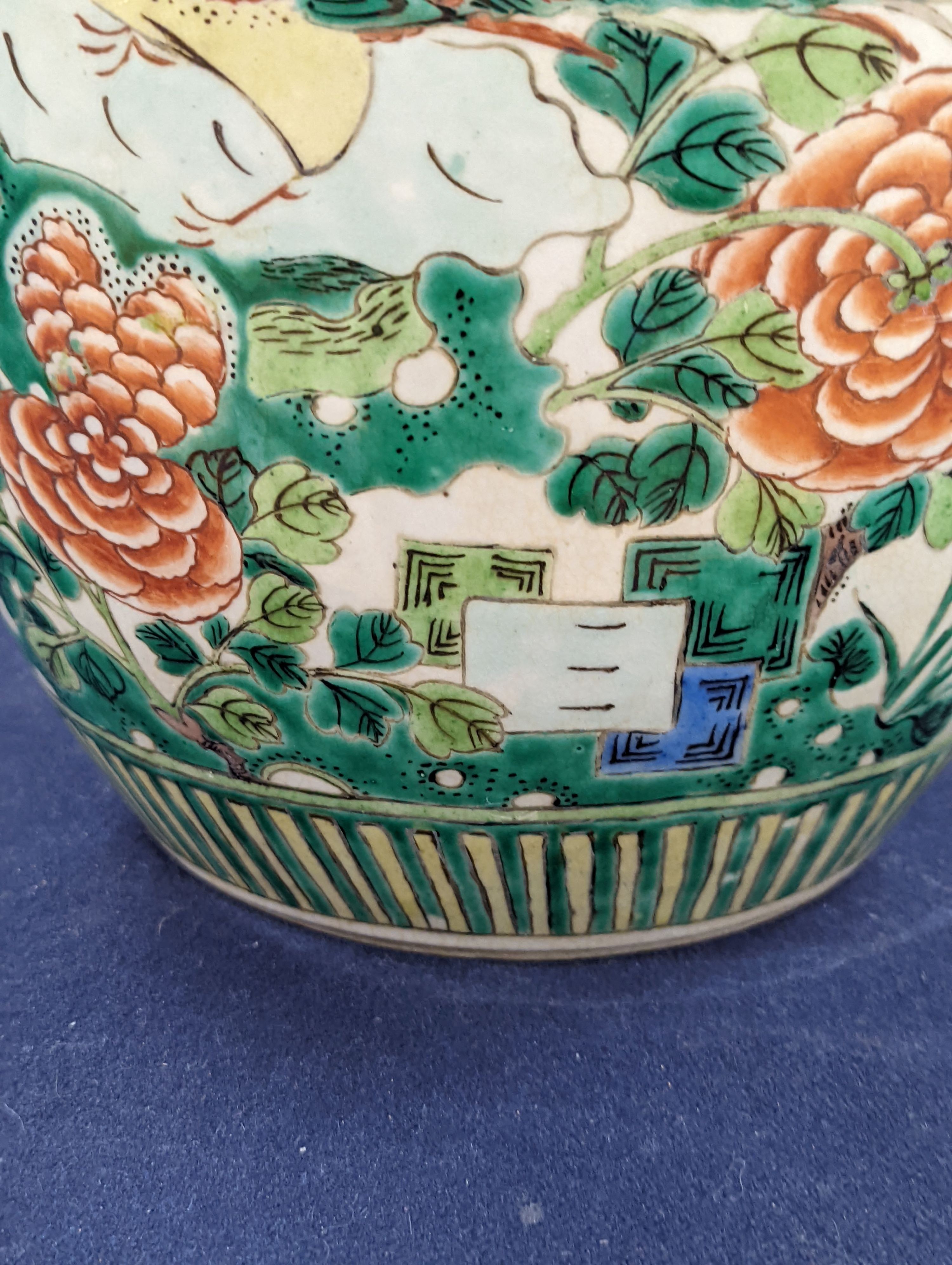 An early 20th century Chinese famille verte crackle glaze jar, 30cm